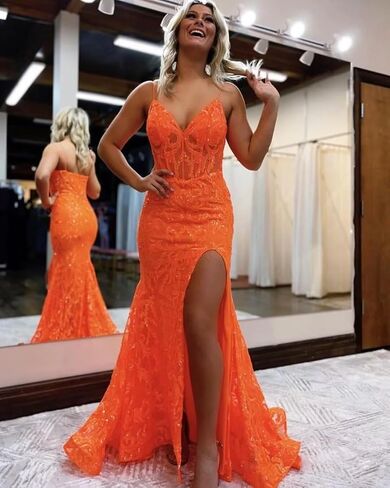 Mermaid Sparkly Sequin Prom Dress with Slit for Women 2024 Spaghetti Straps Tulle Evening Formal Gown in Saudi Arabia