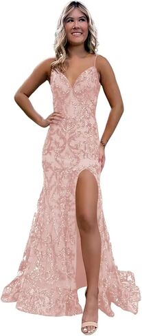 Mermaid Sparkly Sequin Prom Dress with Slit for Women 2024 Spaghetti Straps Tulle Evening Formal Gown in Saudi Arabia