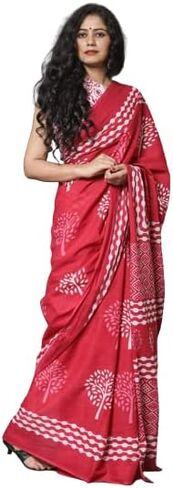 Hand Printed Pure cotton PINK Saree Sarees With attached Unstitched Saree Blouse Free Size in Saudi Arabia