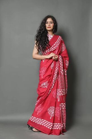 Hand Printed Pure cotton PINK Saree Sarees With attached Unstitched Saree Blouse Free Size in Saudi Arabia