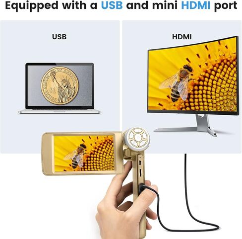 مجهر رقمي Andonstar AD203S HDMI مزود بجيب بطاقة SD سعة 32 جيجابايت ومجهر رقمي إلكتروني للأطفال والكبار لمراقبة الأدوات الخارجية (ذهبي) in Kuwait