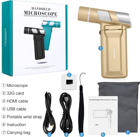 مجهر رقمي Andonstar AD203S HDMI مزود بجيب بطاقة SD سعة 32 جيجابايت ومجهر رقمي إلكتروني للأطفال والكبار لمراقبة الأدوات الخارجية (ذهبي) in Kuwait