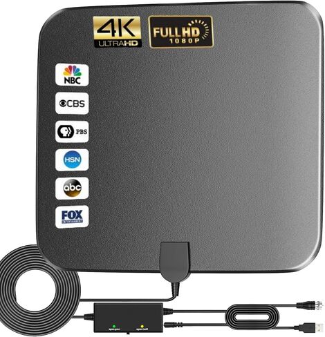 هوائي تلفزيون رقمي عالي الدقة 2024 للاستخدام الداخلي والخارجي الصغير، هوائي استقبال طويل المدى يزيد عن 450 ميلًا 360 درجة مع مضخم إشارة يدعم 4K 1080P للقنوات المحلية المجانية in Kuwait