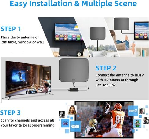 هوائي تلفزيون رقمي عالي الدقة 2024 للاستخدام الداخلي والخارجي الصغير، هوائي استقبال طويل المدى يزيد عن 450 ميلًا 360 درجة مع مضخم إشارة يدعم 4K 1080P للقنوات المحلية المجانية in Kuwait