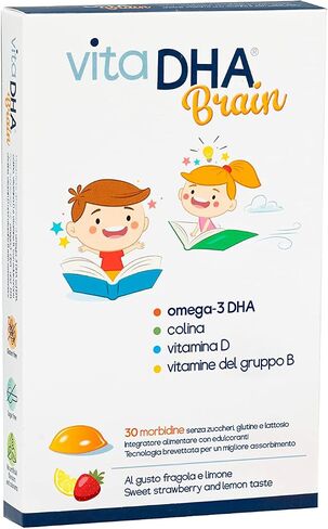 VitaDHA® Brain for Children | 250 mg Omega-3 DHA, Choline and Vitamin D and B | for The Brain and The Immune System | Sugar Free | Pleasant Taste of Strawberry and Lemon | 30 Gummies in Saudi Arabia
