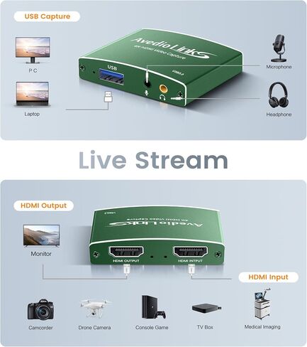 Capture Card, avedio links Audio Video Capture Card, USB C/A 3.0 Video Capture Card 4K@60Hz HDMI Loop-Out, 1080P 60FPS Game Capture Card for Streaming Works for Nintendo Switch/PS5/PC/Camera, Green in Saudi Arabia