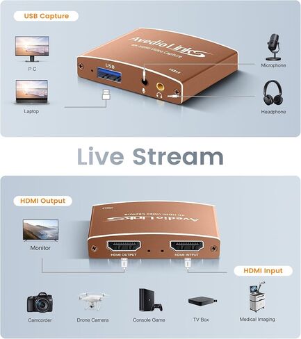 Capture Card, avedio links Audio Video Capture Card, USB C/A 3.0 Video Capture Card 4K@60Hz HDMI Loop-Out, 1080P 60FPS Game Capture Card for Streaming Works for Nintendo Switch/PS5/PC/Camera, Orange in Saudi Arabia