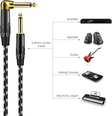 DREMAKE Cable 1/4" (6.3mm) Straight to Right Angle, Black/Blue Braided Tweed 1/4 Inch to 1/4 Inch Patch Cord, 25FT Instrument Guitar Cable for Keyboards, Electric Mandolin, Pro Audio to Amp in Saudi Arabia