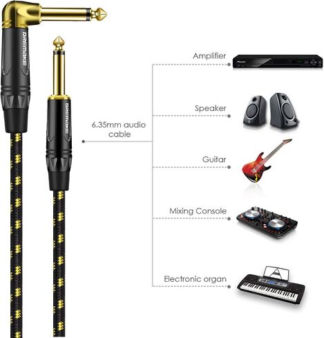 DREMAKE Cable 1/4" (6.3mm) Straight to Right Angle, Black/Blue Braided Tweed 1/4 Inch to 1/4 Inch Patch Cord, 25FT Instrument Guitar Cable for Keyboards, Electric Mandolin, Pro Audio to Amp in Saudi Arabia