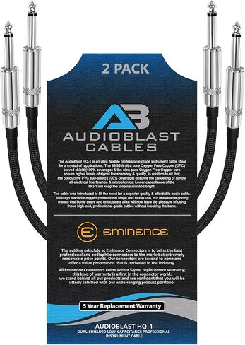 Audioblast - وحدتان - 1.5 قدم - HQ-1 - جديلة (أسود) مرنة - محمية مزدوجة (100%) - كابل تصحيح دواسة تأثيرات آلة الجيتار مع مقابس TS مستقيمة ¼ بوصة (6.35 مم) وأحذية مزدوجة متداخلة in Kuwait