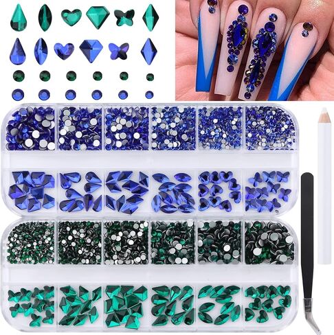 أحجار الراين لفن الأظافر باللون الأخضر من Kalolary، 2120 قطعة من أحجار الكريستال الزرقاء الساحرة للأظافر الماسية ثلاثية الأبعاد بظهر مسطح متعدد الأشكال لتزيين أظافر الأكريليك بنفسك in Kuwait