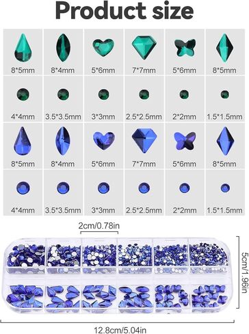 أحجار الراين لفن الأظافر باللون الأخضر من Kalolary، 2120 قطعة من أحجار الكريستال الزرقاء الساحرة للأظافر الماسية ثلاثية الأبعاد بظهر مسطح متعدد الأشكال لتزيين أظافر الأكريليك بنفسك in Kuwait