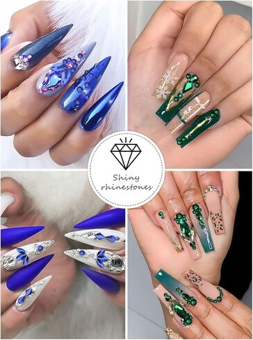 أحجار الراين لفن الأظافر باللون الأخضر من Kalolary، 2120 قطعة من أحجار الكريستال الزرقاء الساحرة للأظافر الماسية ثلاثية الأبعاد بظهر مسطح متعدد الأشكال لتزيين أظافر الأكريليك بنفسك in Kuwait