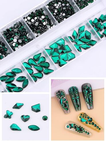 أحجار الراين لفن الأظافر باللون الأخضر من Kalolary، 2120 قطعة من أحجار الكريستال الزرقاء الساحرة للأظافر الماسية ثلاثية الأبعاد بظهر مسطح متعدد الأشكال لتزيين أظافر الأكريليك بنفسك in Kuwait