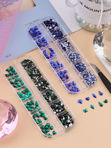 أحجار الراين لفن الأظافر باللون الأخضر من Kalolary، 2120 قطعة من أحجار الكريستال الزرقاء الساحرة للأظافر الماسية ثلاثية الأبعاد بظهر مسطح متعدد الأشكال لتزيين أظافر الأكريليك بنفسك in Kuwait