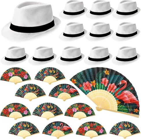 12 Sets Havana Nights Folding Hand Fans Beach Short Brim Panama Hat Tropical Nights Party Supplies for Hawaiian Luau in Saudi Arabia