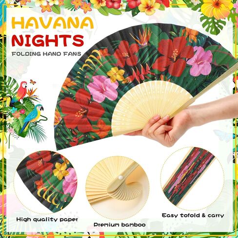 12 Sets Havana Nights Folding Hand Fans Beach Short Brim Panama Hat Tropical Nights Party Supplies for Hawaiian Luau in Saudi Arabia