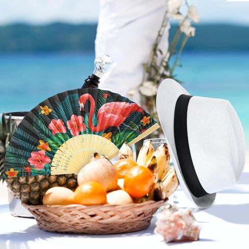 12 Sets Havana Nights Folding Hand Fans Beach Short Brim Panama Hat Tropical Nights Party Supplies for Hawaiian Luau in Saudi Arabia