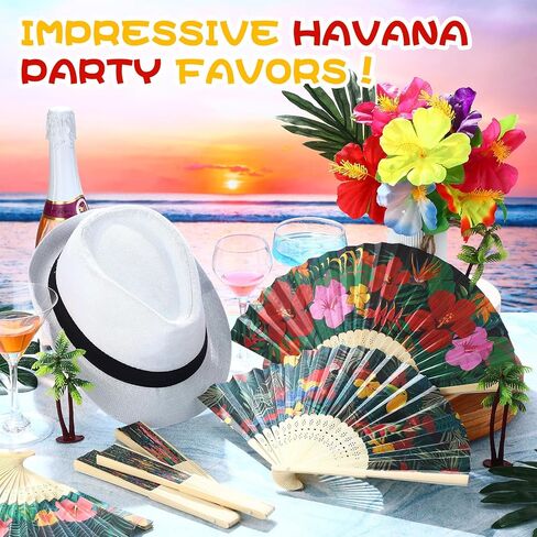 12 Sets Havana Nights Folding Hand Fans Beach Short Brim Panama Hat Tropical Nights Party Supplies for Hawaiian Luau in Saudi Arabia