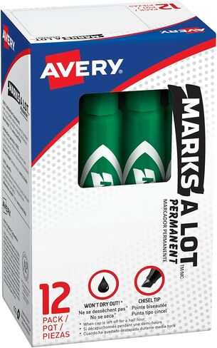 أقلام تحديد دائمة من Marks-a-lot Avery Marks-a-lot، مقاس عادي على شكل مكتب، طرف إزميل، مقاوم للماء والتآكل، 12 قلم تحديد أخضر (07885) in Kuwait
