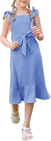 Girls Spaghetti Strap Dresses Summer Square Neck Belted Ruffle Split Midi Dress 7-14 Years in Saudi Arabia