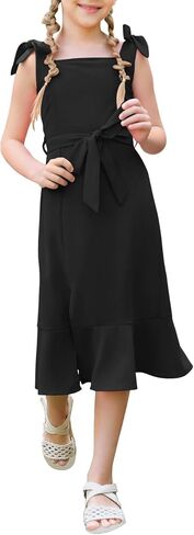 Girls Spaghetti Strap Dresses Summer Square Neck Belted Ruffle Split Midi Dress 7-14 Years in Saudi Arabia