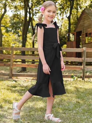 Girls Spaghetti Strap Dresses Summer Square Neck Belted Ruffle Split Midi Dress 7-14 Years in Saudi Arabia