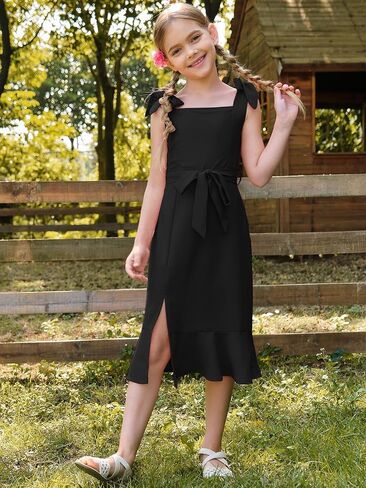 Girls Spaghetti Strap Dresses Summer Square Neck Belted Ruffle Split Midi Dress 7-14 Years in Saudi Arabia