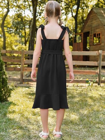 Girls Spaghetti Strap Dresses Summer Square Neck Belted Ruffle Split Midi Dress 7-14 Years in Saudi Arabia