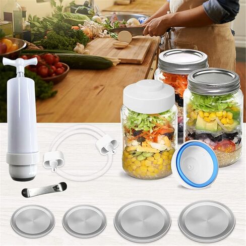 سدادة تفريغ للبرطمانات مع مضخة تفريغ يدوية محمولة وفتاحة غطاء، مجموعة سدادة مرطبانات متوافقة مع سدادة تفريغ الهواء، مجموعة سدادة مكنسة ماسون لجرة ميسون ذات الفم العريض والعادي in Kuwait