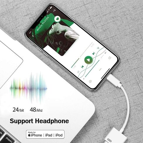 موزع محول سماعة رأس iPhone معتمد من rosyclo Apple MFi، 2 في 1 كابل محول لايتنينج مزدوج دونجل للموسيقى + الشحن + الاتصال + التحكم في مستوى الصوت، متوافق مع iPhone 12/11/XS/XR/8/7، iPad in Kuwait