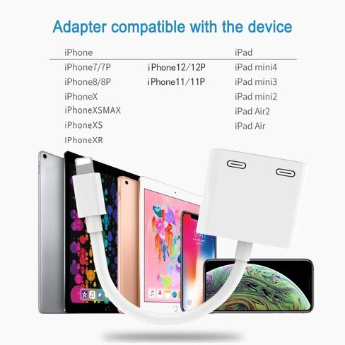 موزع محول سماعة رأس iPhone معتمد من rosyclo Apple MFi، 2 في 1 كابل محول لايتنينج مزدوج دونجل للموسيقى + الشحن + الاتصال + التحكم في مستوى الصوت، متوافق مع iPhone 12/11/XS/XR/8/7، iPad in Kuwait