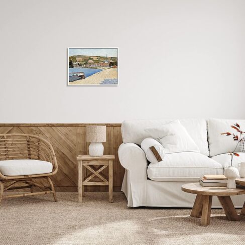 Stupell Industries Rural Waterside Town Boat Dock Distant Farmland, Design by Lettered and Lined, White Framed, 30 x 24 in Saudi Arabia