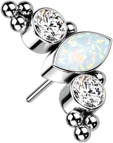 زرعة من التيتانيوم بدون خيوط دفع في الأعلى مع مركز Marquise CZ أو Opal محاط بـ CZs ومجموعات كروية (يناسب جميع أحجام الدبوس بدون خيوط 14GA-20GA) in Kuwait