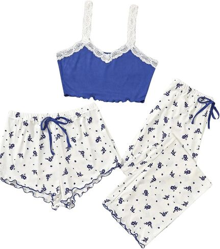 Milumia Women's 3 Piece Pajama Sets Floral Lace Cami Top and Shorts & Pants Pj Sets Loungewear in Saudi Arabia