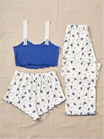 Milumia Women's 3 Piece Pajama Sets Floral Lace Cami Top and Shorts & Pants Pj Sets Loungewear in Saudi Arabia