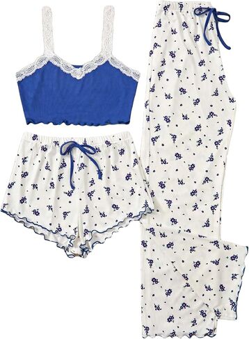 Milumia Women's 3 Piece Pajama Sets Floral Lace Cami Top and Shorts & Pants Pj Sets Loungewear in Saudi Arabia