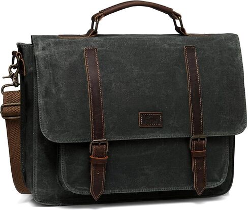 Kasqo Messenger Bag for Men, Vintage Waxed Canvas Water-Resistant 15.6 Inch Laptop Briefcase Shoulder Bag Satchel Bag for Work Business, Dark Grey in Saudi Arabia