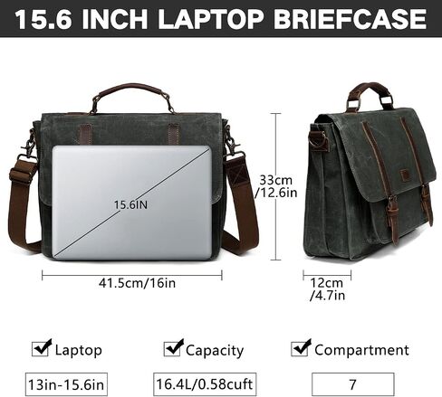 Kasqo Messenger Bag for Men, Vintage Waxed Canvas Water-Resistant 15.6 Inch Laptop Briefcase Shoulder Bag Satchel Bag for Work Business, Dark Grey in Saudi Arabia