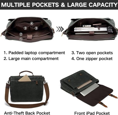 Kasqo Messenger Bag for Men, Vintage Waxed Canvas Water-Resistant 15.6 Inch Laptop Briefcase Shoulder Bag Satchel Bag for Work Business, Dark Grey in Saudi Arabia