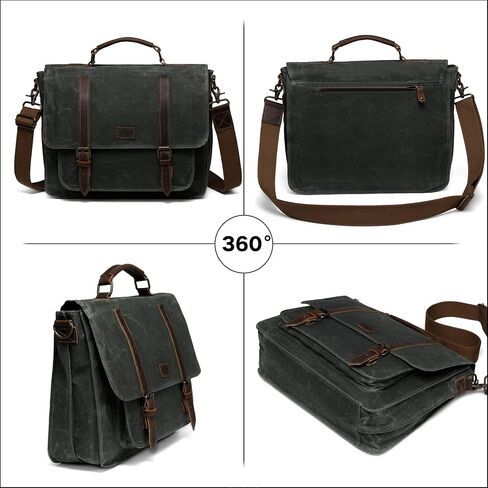 Kasqo Messenger Bag for Men, Vintage Waxed Canvas Water-Resistant 15.6 Inch Laptop Briefcase Shoulder Bag Satchel Bag for Work Business, Dark Grey in Saudi Arabia
