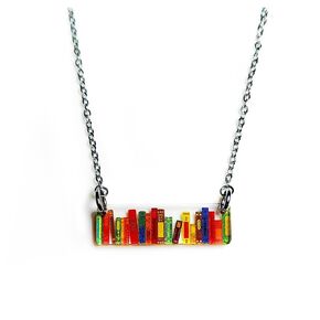 Bookshelf Bar Necklace 18 in with Books on a Shelf Patterned Acrylic Literary Gift for Teacher, Librarian or Bibliophile that Loves Reading