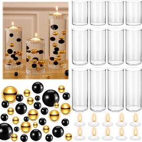 Nuanchu 12 Pcs Glass Cylinder Vase Centerpieces with 24 Disc Candles 2000 Clear Water Gel Beads 1 Roll Rhinestone Ribbon 260 Pearl for Wedding Home Decoration (Black, Gold)