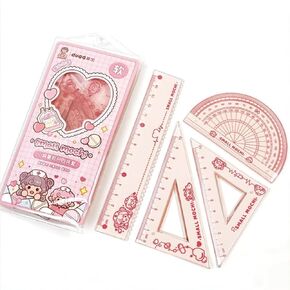 4 Pieces Flexible Ruler Set 15cm/6inch Plastic Ruler Straight Ruler Triangle Ruler Shatterproof Ruler Straight Edge Soft Bendable Ruler Protractor Math Geometry Tool School Office Supplies (Pink)