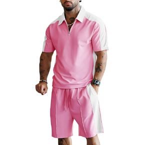 Men's Polo Shirt and Shorts 2 Piece Outfits Summer Sweatsuit Zipper Tracksuits Casual Athletic Joggers Sets