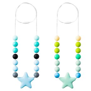 Chew Toys 2Pcs Sensory Chew Necklace for Boys Girls Blue Star Silicone Chewable Jewelry Beads Colorful Chew Teether Necklace Autism ADHD SPD Baby Oral Motor Chewing Pendant Biting Nursing Teething Toy in Kuwait