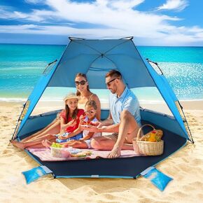 EAGLE PEAK Pop up Beach Tent, Beach Canopy Tent Sun Shade, UPF50+ UV Protection, Water and Wind Resistant, Easy Setup Cabana Beach Shade Canopy 3-4 Person Capacity, Blue