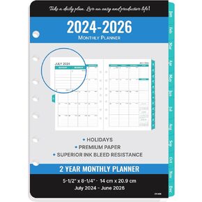 2024-2026 Monthly Planner Refill - Planner Inserts with 7-Hole Punched, 5-1/2" x 8-1/2", Runs from July 2024 to June 2026, Two Pages Per Month, Monthly Calendar with Monthly Tabs