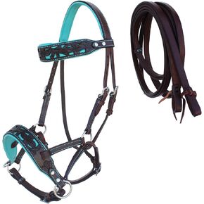 Horse Western Leather Floral Tooled Bitless Sidepull Bridle Reins 77RS34