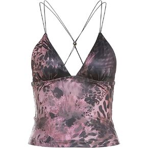 Printed Camisole Tank Tops for Women V Neck Spaghetti Strap Blouses Cross Back Sleeveless Cami Shirt Y2k Clothing
